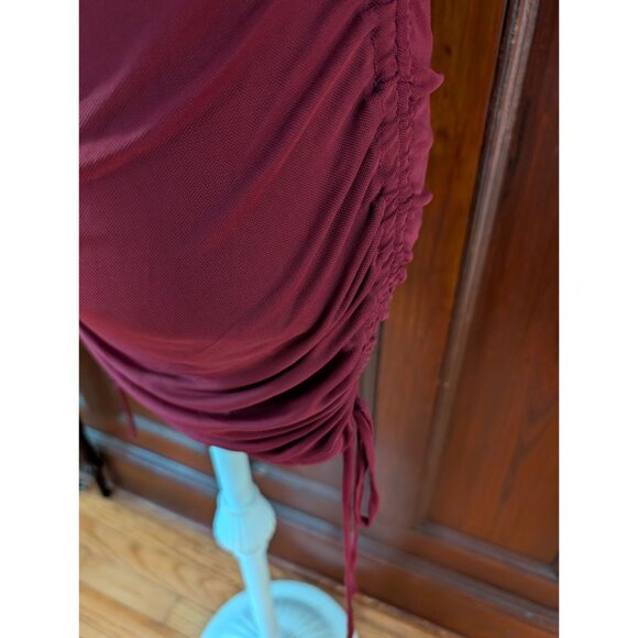 Ruched Long Sleeve Burgundy Mini Dress By Le Lis Square Neck Adjustable Sides M - Picture 4 of 8